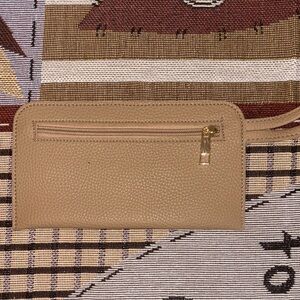 Beige Leather Wristlet Clutch with Zip Pocket
